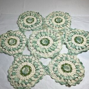 Vtg Large Teal Flower Doily Crocheted Lace pastel cottage core granny chic
